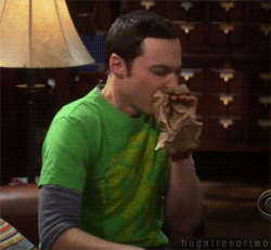 Sheldon Cooper from The Big Bang Theory panicking and breathing in a paper bag.
