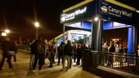 Attendees queued up outside the party boat at Canary Wharf.