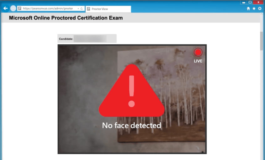 Screenshot of the Microsoft Online Proctored Certification Exam software showing an error.