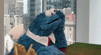 Cookie Monster waiting and tapping fingers on desk.