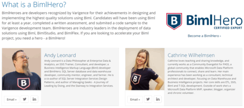 Screenshot of the BimlHeroes page showing Andy Leonard and Cathrine Wilhelmsen&rsquo;s profiles.