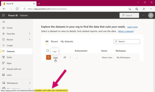 Screenshot of hovering over a link to find a Dataset ID in Power BI.