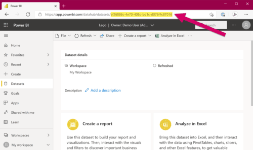 Screenshot of a Dataset ID in a URL in Power BI.