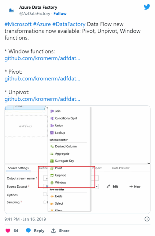 #Microsoft #Azure #DataFactory Data Flow new transformations now available: Pivot, Unpivot, Window functions.