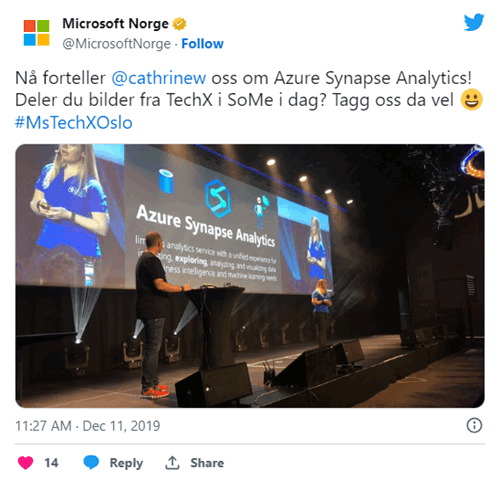 Nå forteller cathrinew oss om Azure Synapse Analytics! Deler du bilder fra TechX i SoMe i dag? Tagg oss da vel 😀#MsTechXOslo