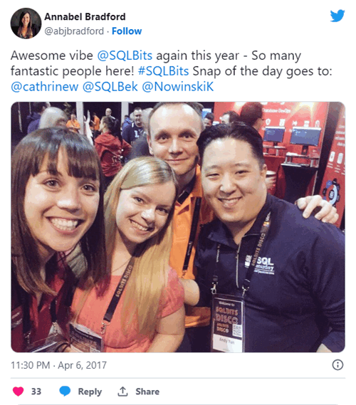 Awesome vibe @SQLBits again this year - So many fantastic people here! #SQLBits Snap of the day goes to: @cathrinew @SQLBek @NowinskiK