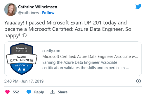 Yaaaaay! I passed Microsoft Exam DP-201 today and became a Microsoft Certified: Azure Data Engineer. So happy! :D