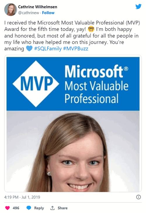 I received the Microsoft Most Valuable Professional (MVP) Award for the fifth time today, yay! 🤓 I&rsquo;m both happy and honored, but most of all grateful for all the people in my life who have helped me on this journey. You&rsquo;re amazing 💙 #SQLFamily #MVPBuzz