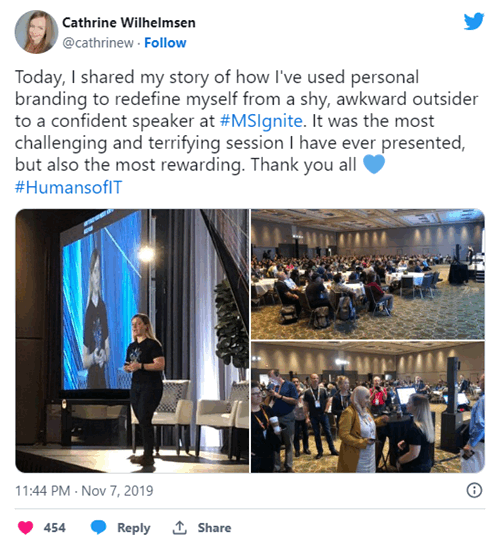 Today, I shared my story of how I&rsquo;ve used personal branding to redefine myself from a shy, awkward outsider to a confident speaker at #MSIgnite. It was the most challenging and terrifying session I have ever presented, but also the most rewarding. Thank you all 💙 #HumansofIT