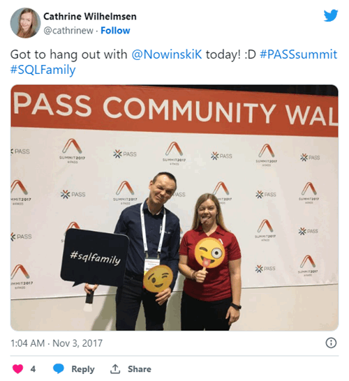 Got to hang out with @NowinskiK today! :D #PASSsummit #SQLFamily
