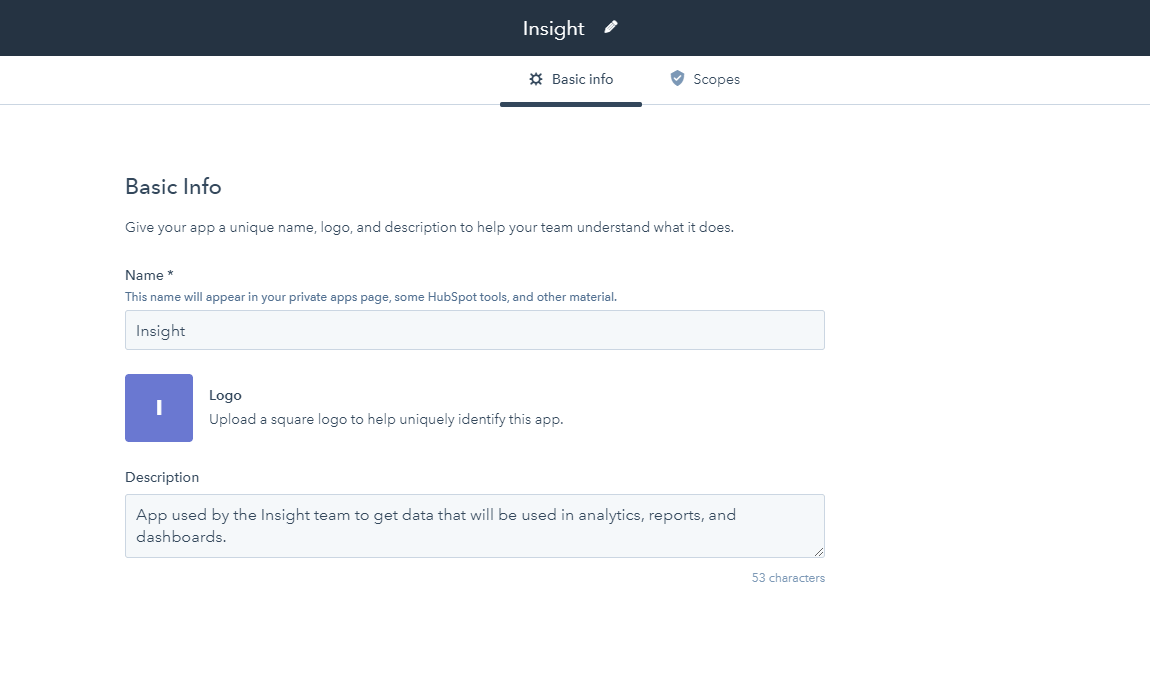 Screenshot of the create private app interface in HubSpot navigated to the Basic Info tab.