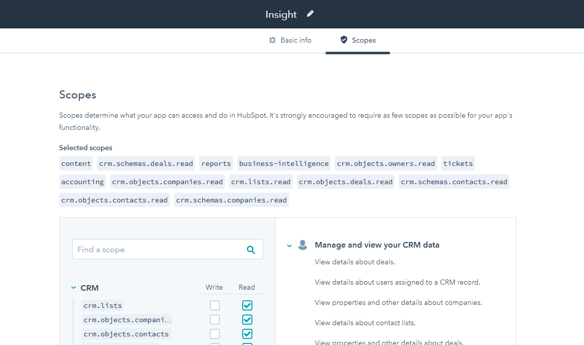 Screenshot of the create private app interface in HubSpot navigated to the Scopes tab.