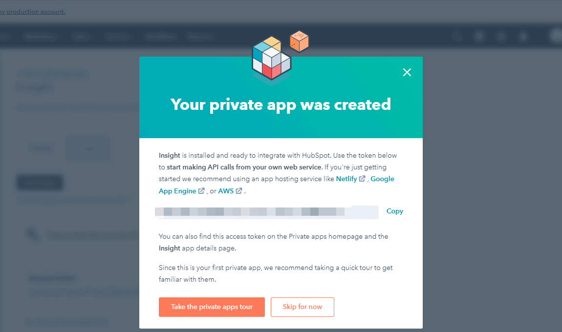 Screenshot of success message after creating private app.