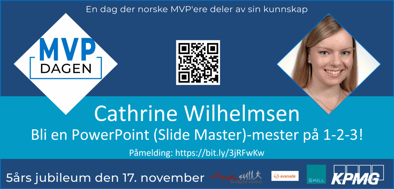 Speaker card showing Cathrine Wilhelmsen presenting at MVP Dagen 2021..