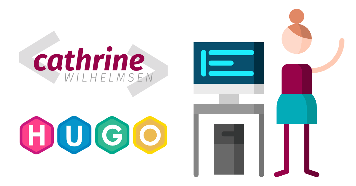 Person standing next to a computer displaying Cathrine Wilhelmsen&rsquo;s logo next to the Hugo logo.