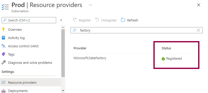 Screenshot showing the Microsoft.DataFactory resource provider registered.