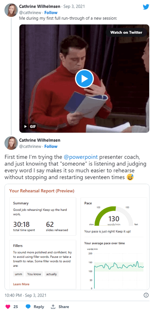 First time I&rsquo;m trying the powerpoint presenter coach, and just knowing that &ldquo;someone&rdquo; is listening and judging every word I say makes it so much easier to rehearse without stopping and restarting seventeen times 😅