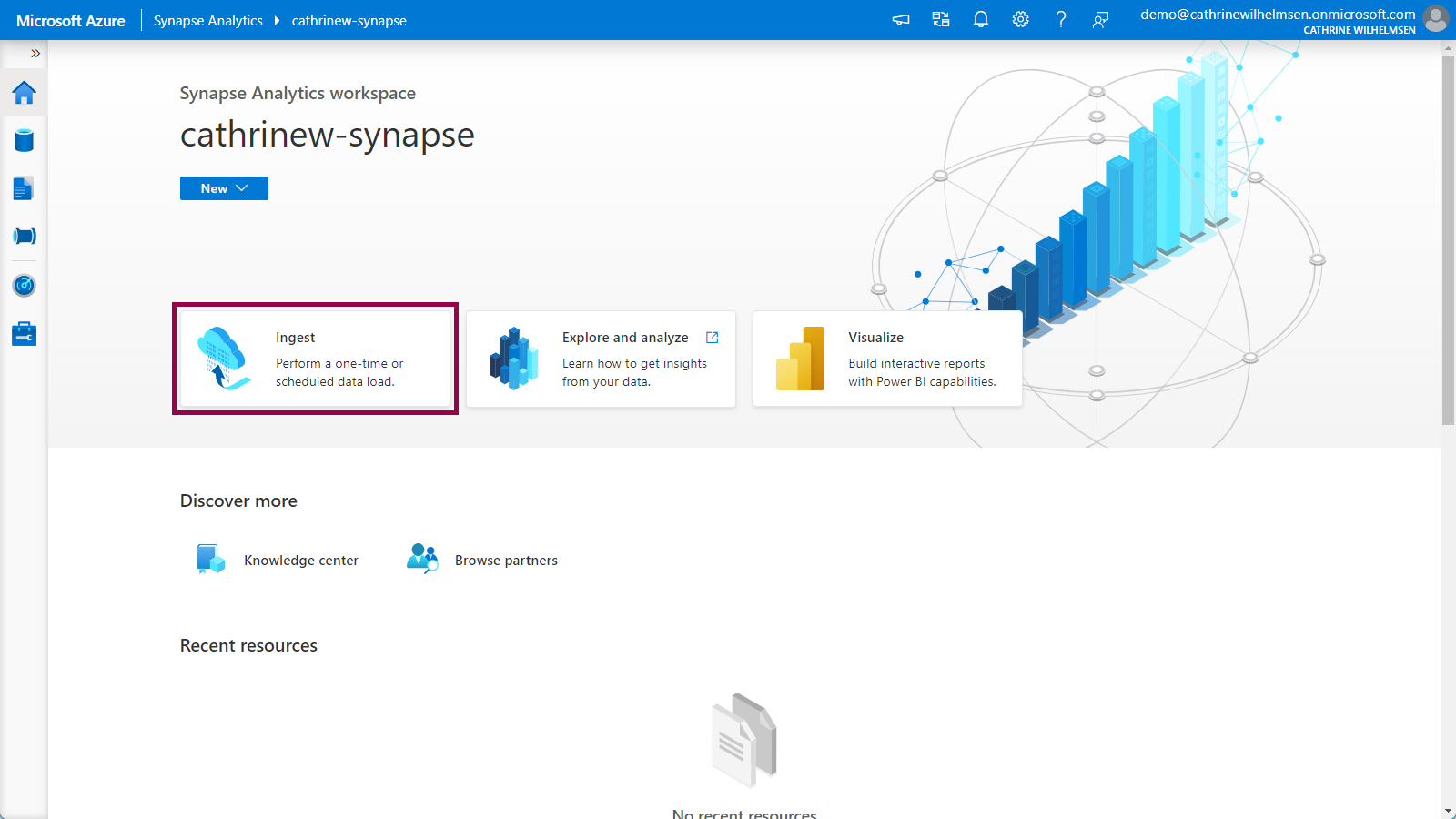 Screenshot of the Home page in Azure Synapse Analytics with the Ingest task highlighted.