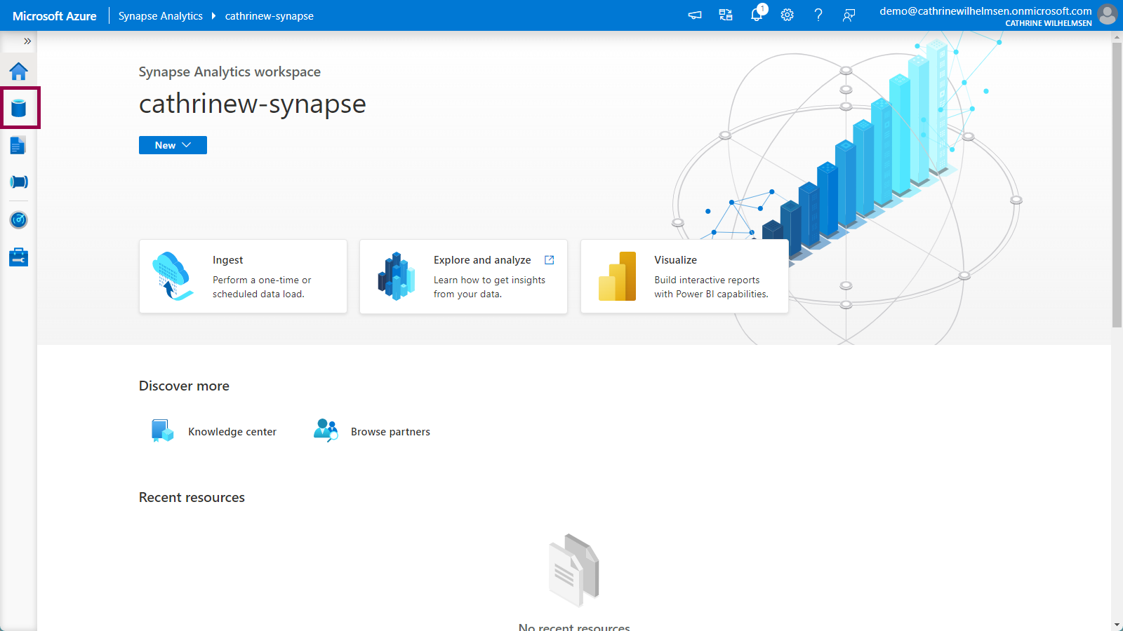 Screenshot of the Home page in Azure Synapse Analytics with the Data hub menu option highlighted.