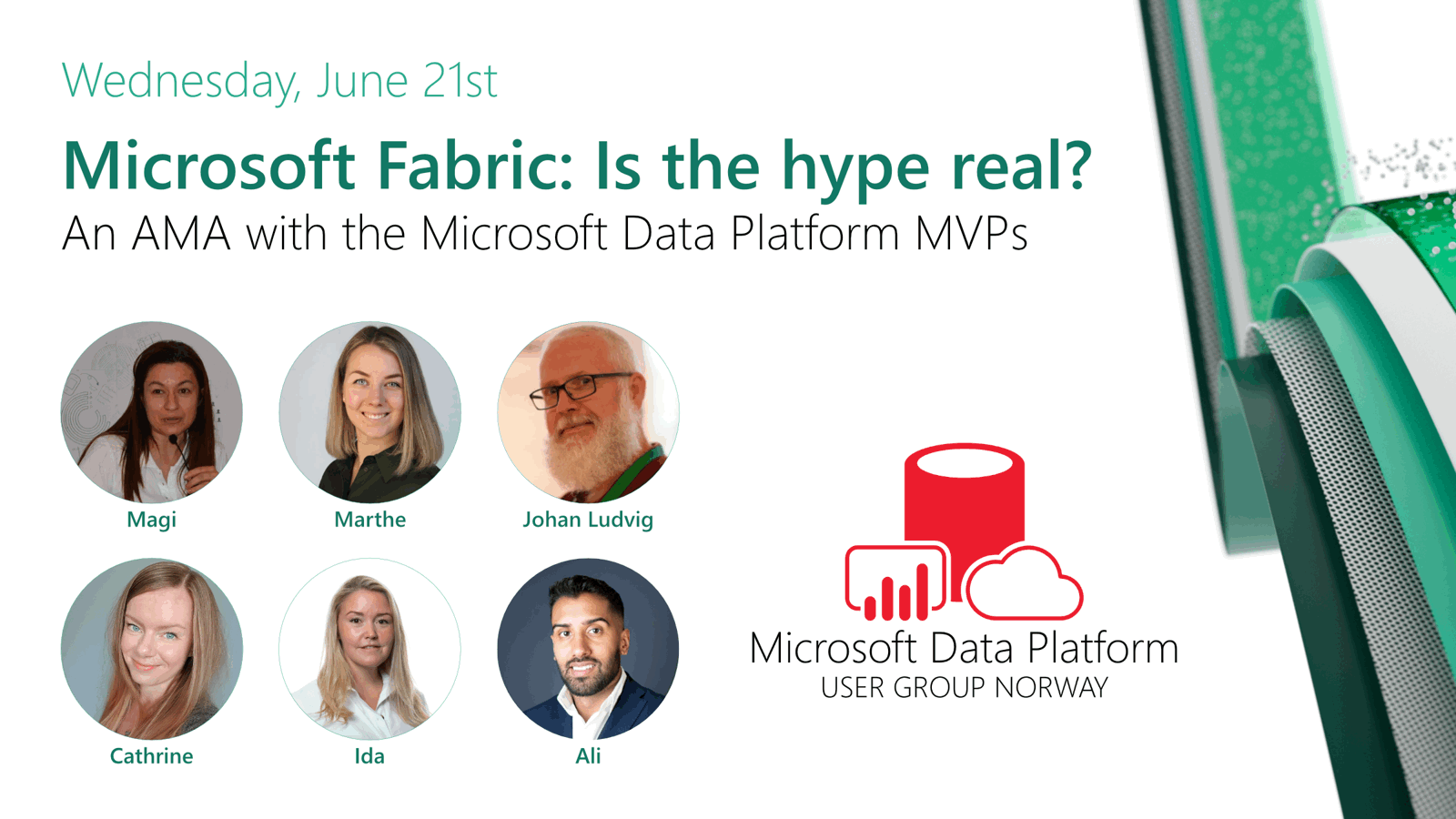 Speaker card showing Cathrine Wilhelmsen and the other MVPs participating in the Microsoft Fabric AMA.