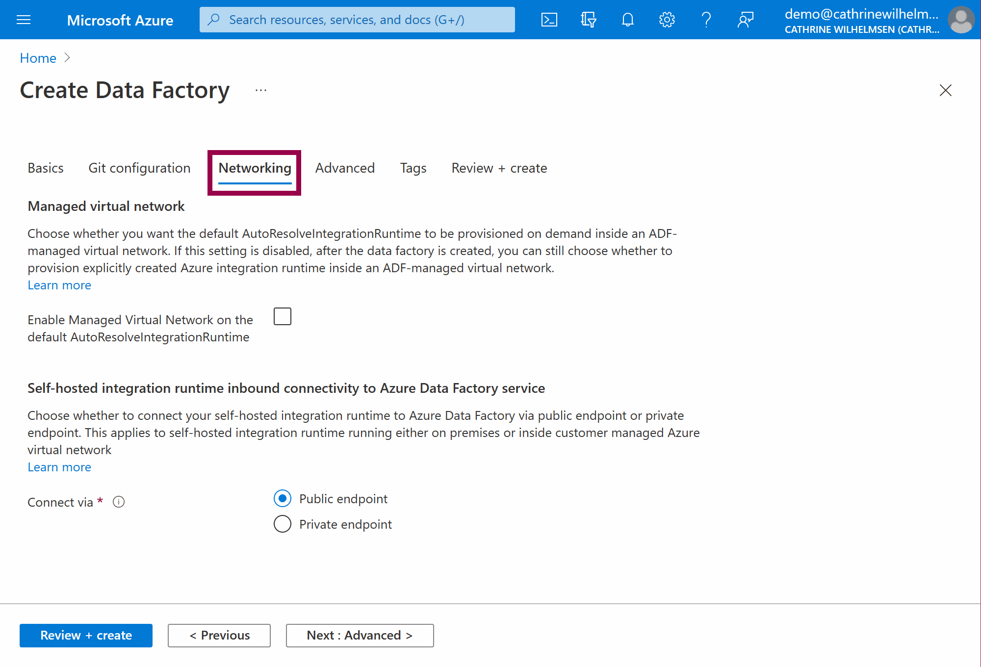 Screenshot of the Create Data Factory: Networking page in the Azure Portal