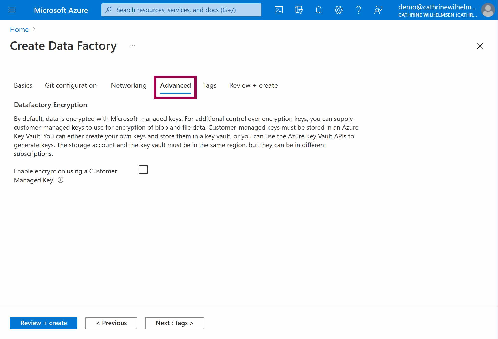 Screenshot of the Create Data Factory: Advanced page in the Azure Portal
