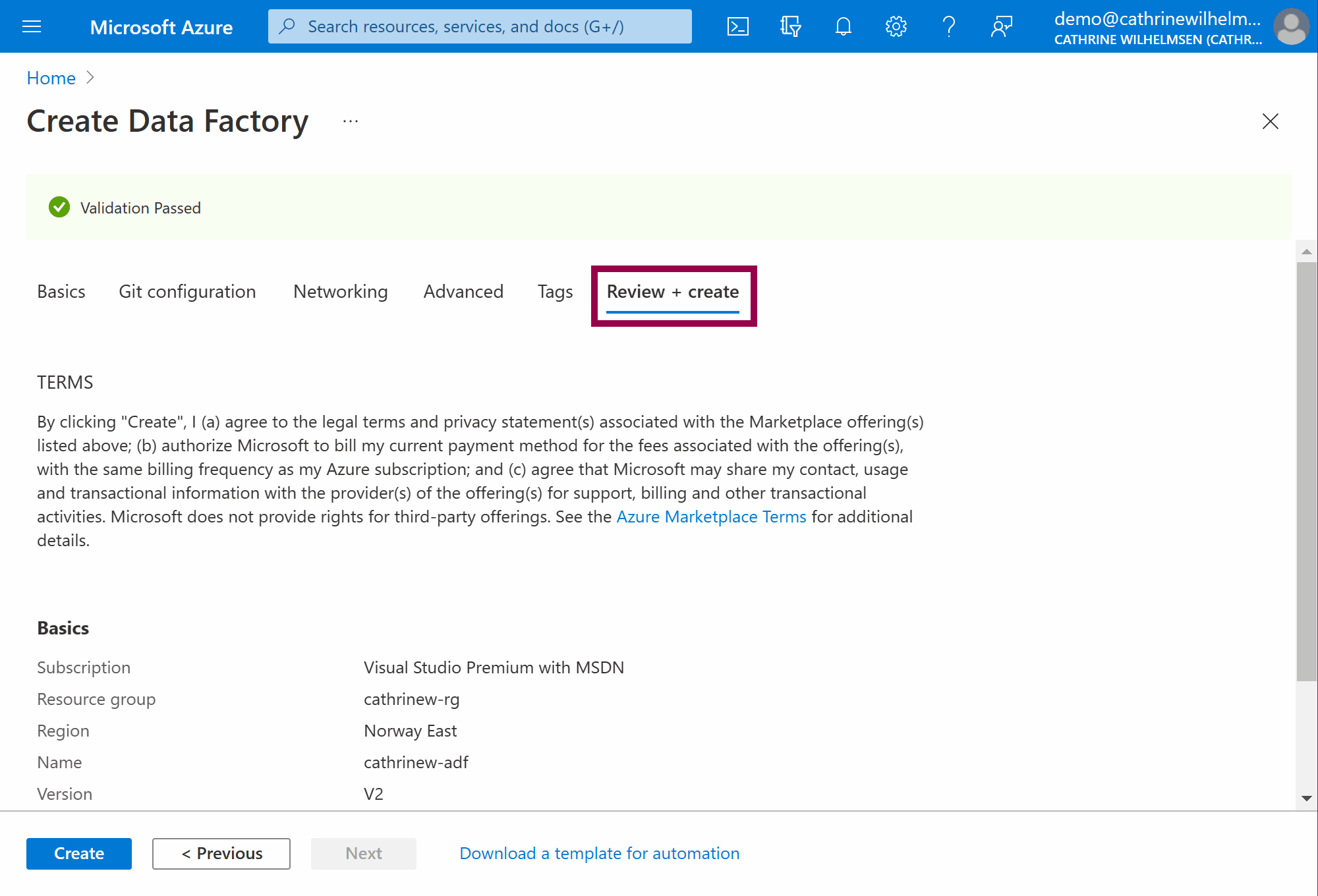 Screenshot of the Create Data Factory: Review and Create page in the Azure Portal