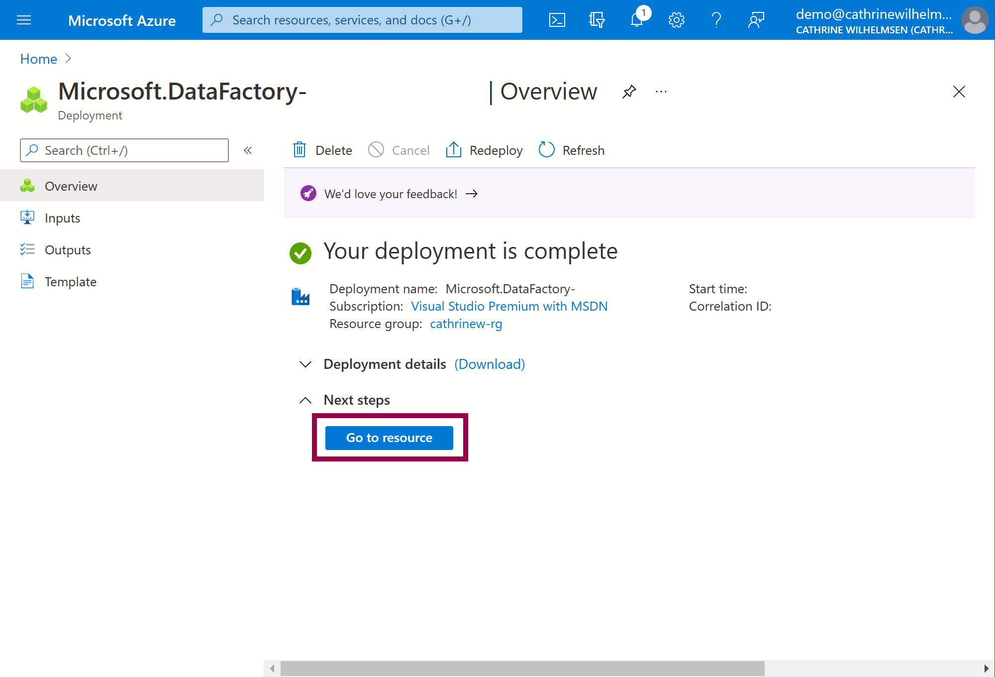 Screenshot of the deployment overview page in the Azure Portal, which includes a button for navigating to the deployed resource