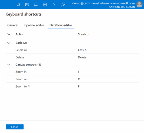 Screenshot of the Data Flow Editor keyboard shortcut settings.