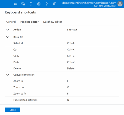 Screenshot of the Pipeline Editor keyboard shortcut settings.