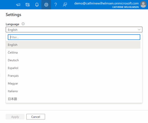 Screenshot of the top menu in Azure Data Factory with the Settings pane open.