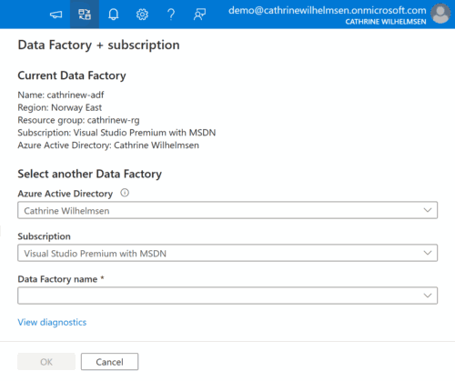 Screenshot of the top menu in Azure Data Factory with the Switch Azure Data Factory pane open.