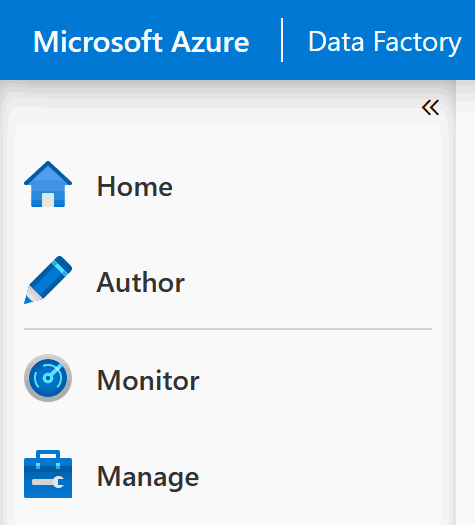Screenshot of the Azure Data Factory user interface showing the four main pages: Data Factory, Author, Monitor, and Manage.