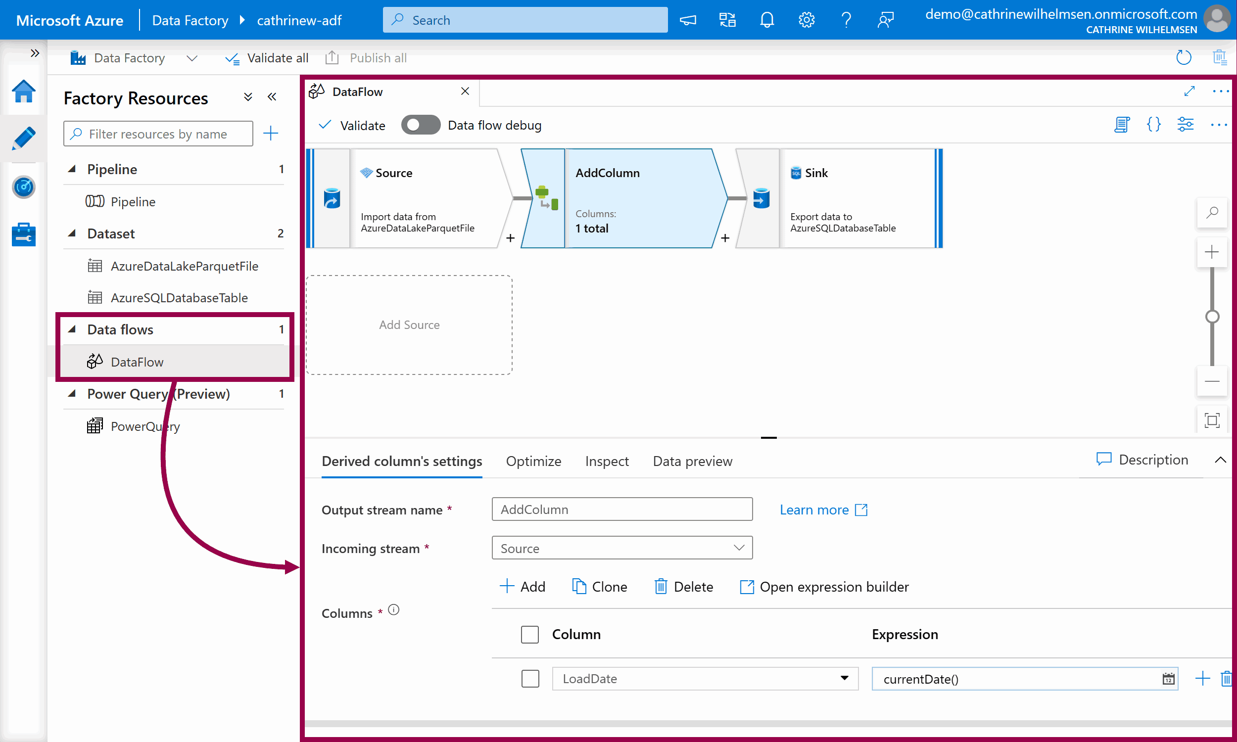 Screenshot of the Author page in Azure Data Factory, with a Mapping Data Flow open.