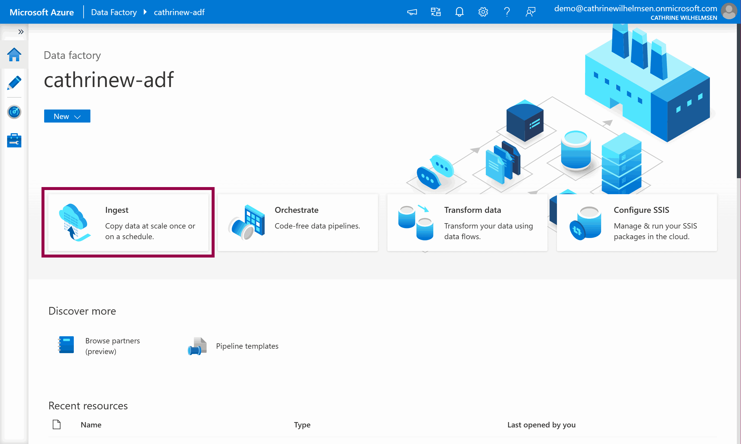 Screenshot of the Home page in Azure Data Factory with the Ingest task highlighted.