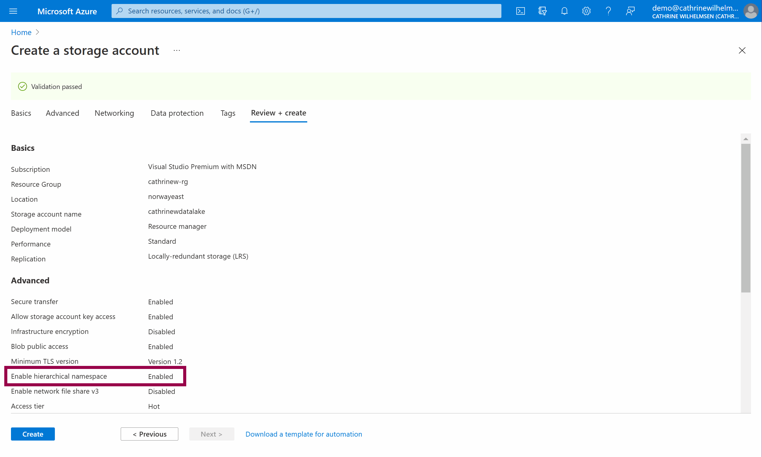 Screenshot of the Create Storage Account summary page, with Hierarchical Namespace Enabled for the Azure Data Lake Storage Account.