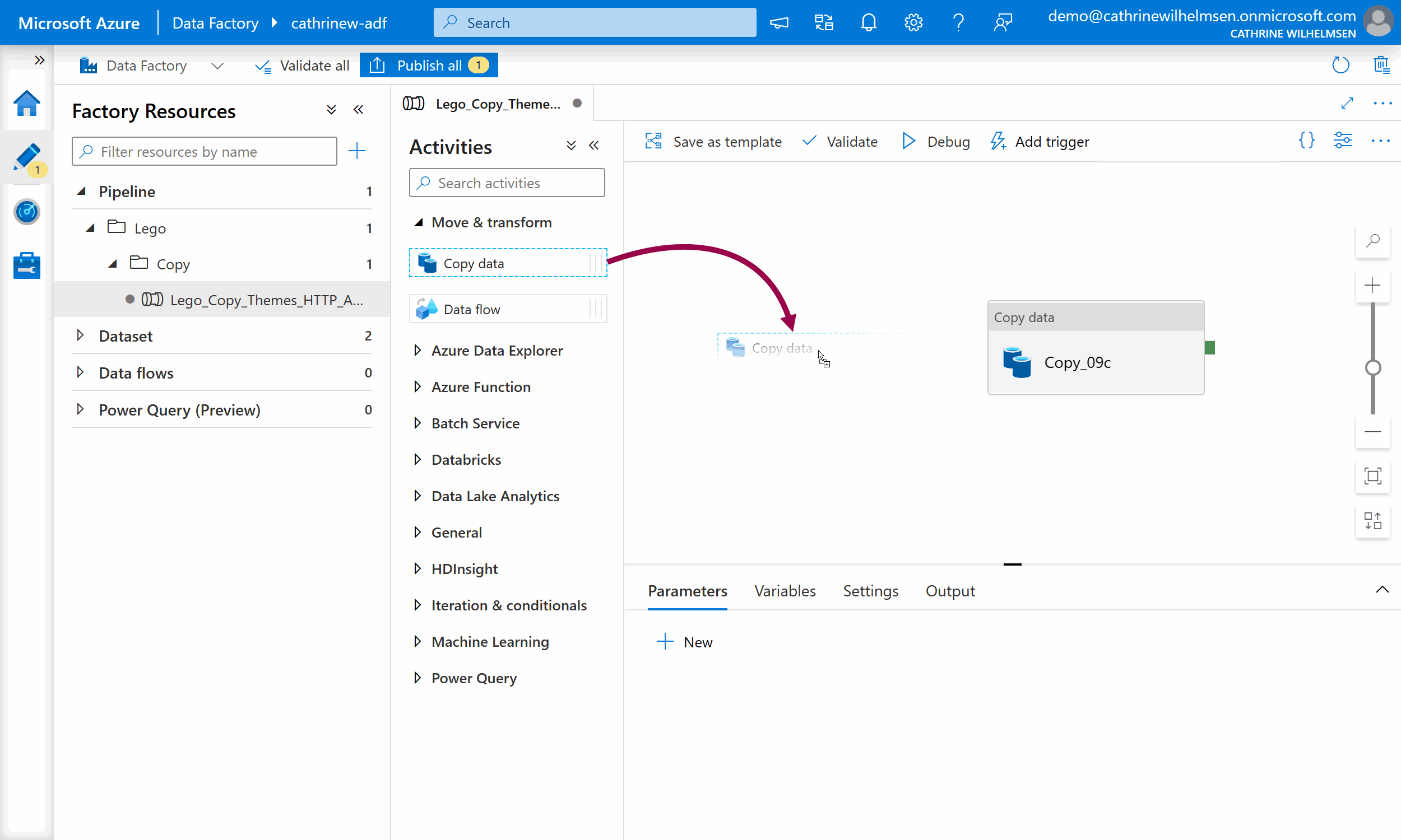 Screenshot of the Azure Data Factory interface, showing how to drag an activity onto the design canvas.