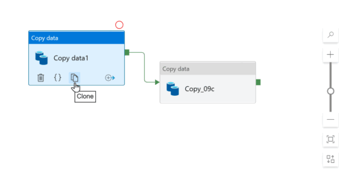 Screenshot of a pipeline activity with the clone button highlighted.