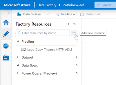 Animation of the Azure Data Factory interface, showing how to add a new pipeline from the factory resources menu.