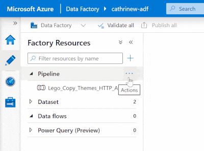 Animation of the Azure Data Factory interface, showing how to add a new pipeline from the pipeline actions menu.