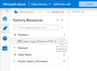 Animation of the Azure Data Factory interface, showing how to add a new pipeline by cloning an existing pipeline.