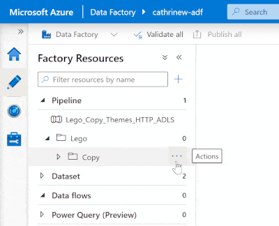 Animation of the Azure Data Factory interface, showing how to add a new pipeline from the folder actions menu.