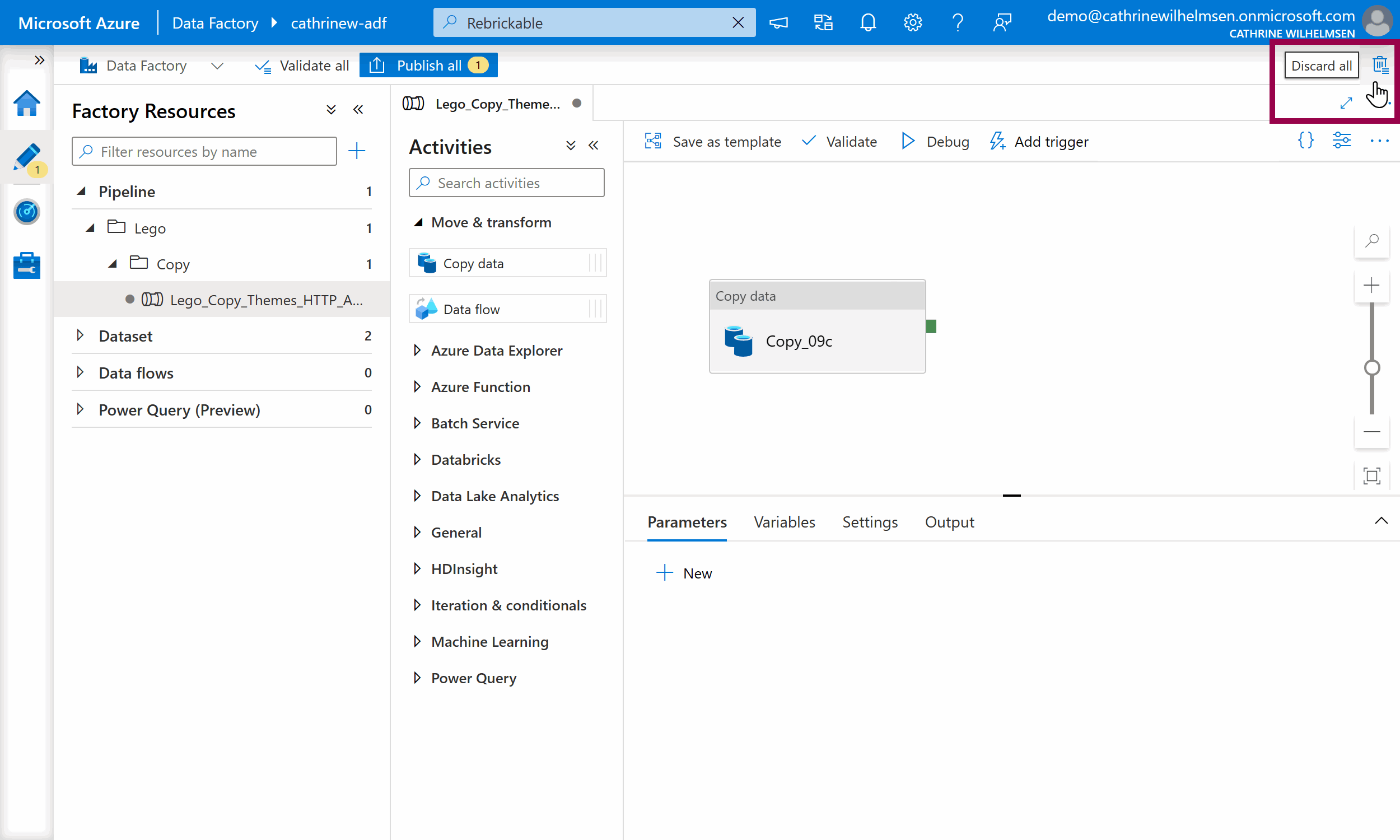Screenshot of the Azure Data Factory interface with the Discard All button highlighted.