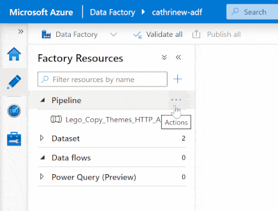 Animation of the Azure Data Factory interface, showing how to add a new folder from the pipeline actions menu.