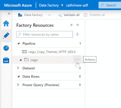 Animation of the Azure Data Factory interface, showing how to add a subfolder from the folder actions menu.