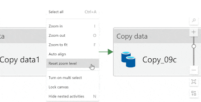 Animation of the Azure Data Factory interface, showing how to reset zoom level of the pipeline layout.