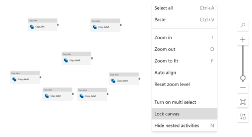 Screenshot of the Azure Data Factory interface, showing multiple copy data activities shaped like a smile, with the Lock Canvas button highlighted.