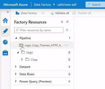 Animation of the Azure Data Factory interface, showing how to drag and drop a pipeline into a different folder.