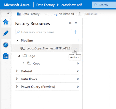 Animation of the Azure Data Factory interface, showing how to move a pipeline using the pipeline actions menu.