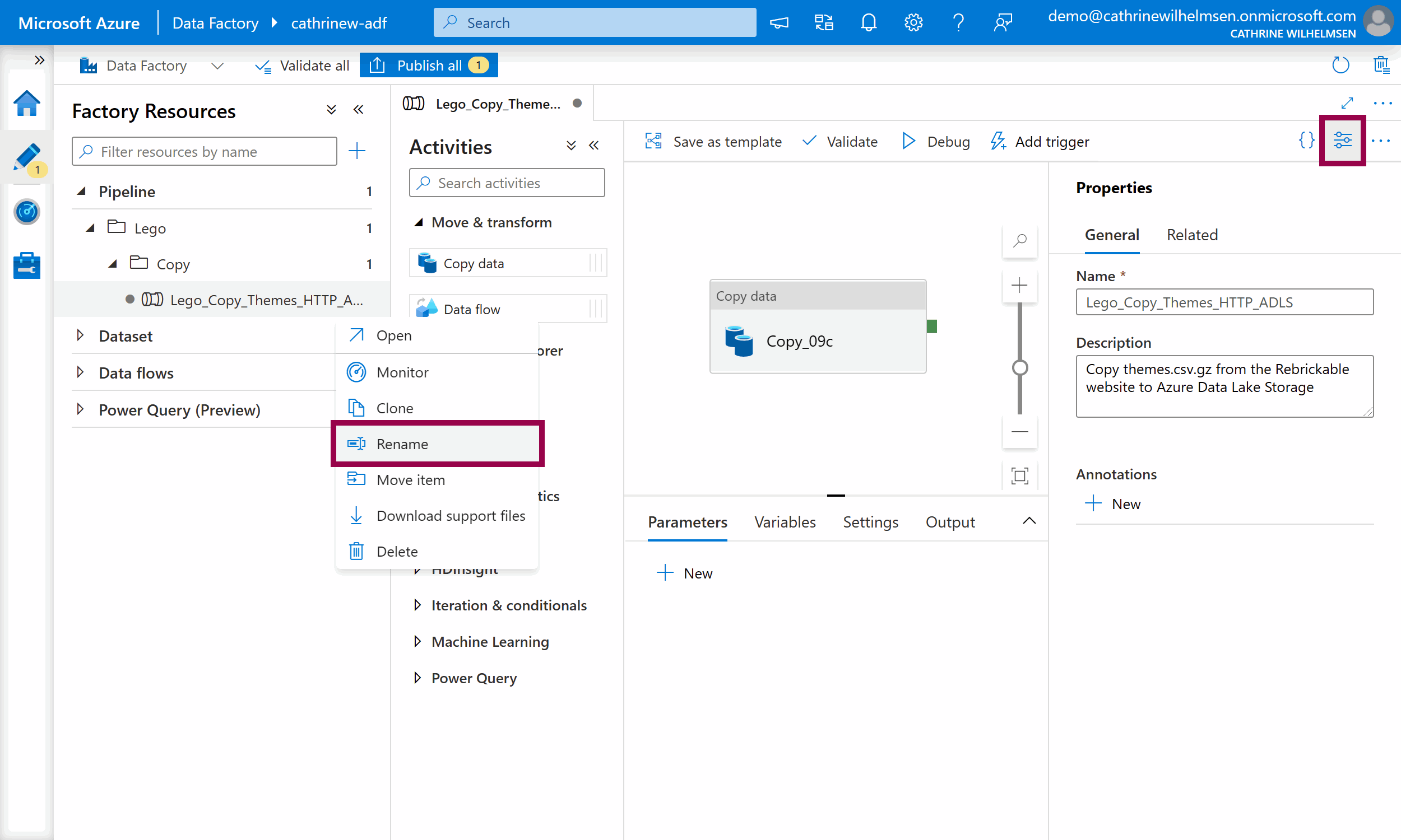 Screenshot of the Azure Data Factory user interface showing how to rename a pipeline and change its description.